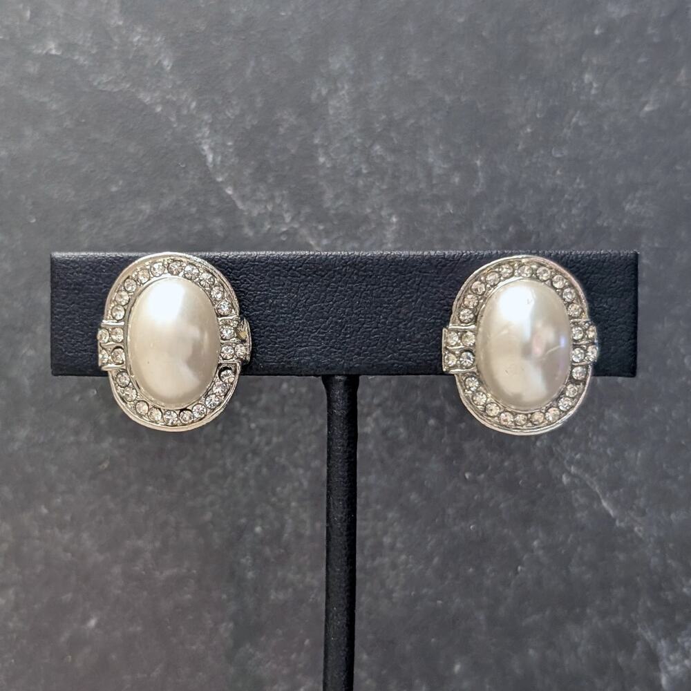 Vintage Clip On Earrings Silver Tone, Clear Gem, Faux Pearl - One Missing Gem